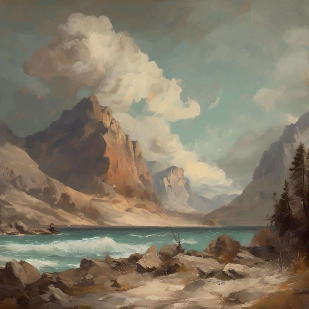 Ρεύμα ποταμού με βουνά και ουρανό, αναπαράσταση καλλιτεχνών που εξερευνoύν τα όρια του χρόνου.