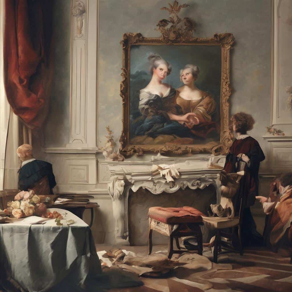 Σύνθετη εικόνα ρομαντικού εσωτερικού με γυναικεία μορφή και πίνακα που εξερευνούν τα όρια του χρόνου, τέχνη και ιστορία.