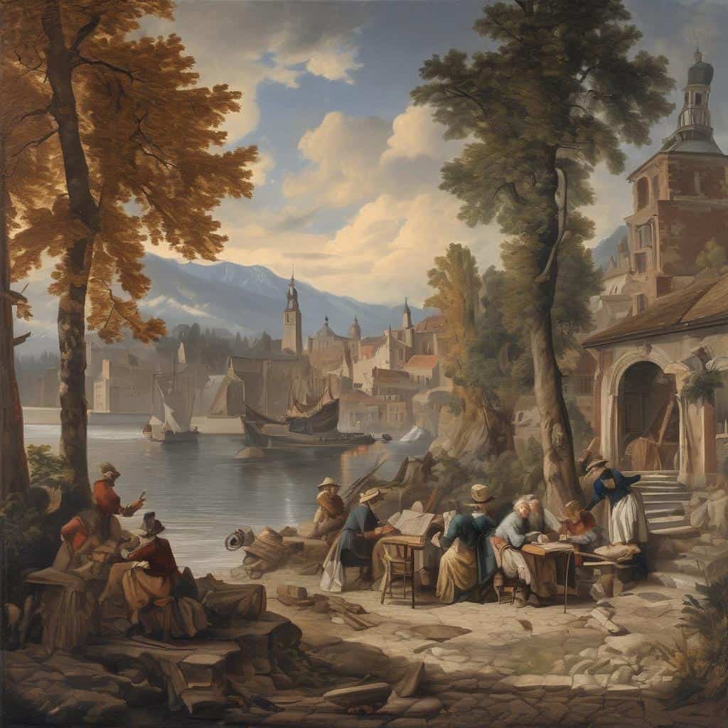 Χαρακτηριστικό τοπίο με καλλιτέχνες που εξερευνούν τα όρια του χρόνου σε μια ιστορική πόλη κοντά στη λίμνη και τα βουνά.