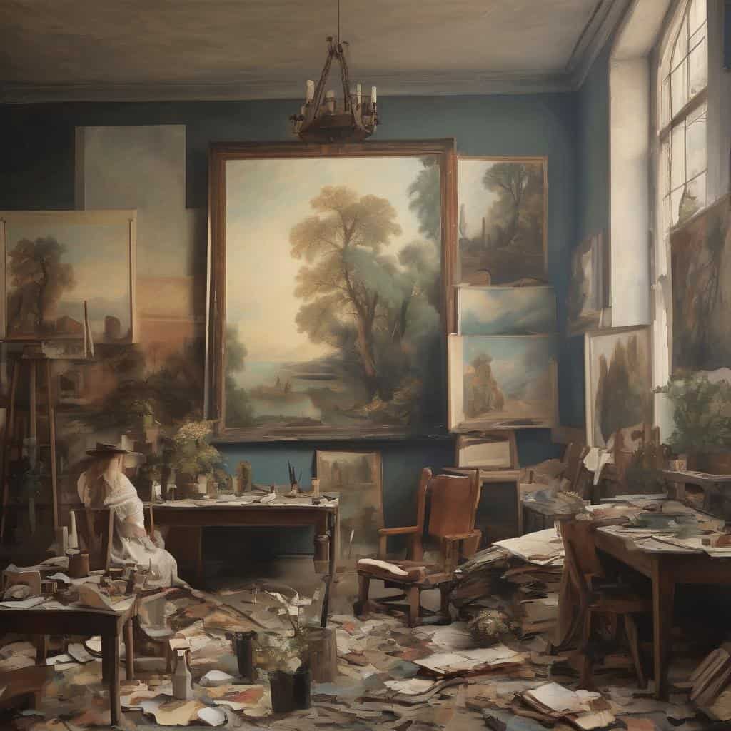 Ανθρώπινη δημιουργία, καλλιτέχνες που εξερευνούν τα όρια του χρόνου, σε ένα παλιό εργαστήριο ζωγραφικής.