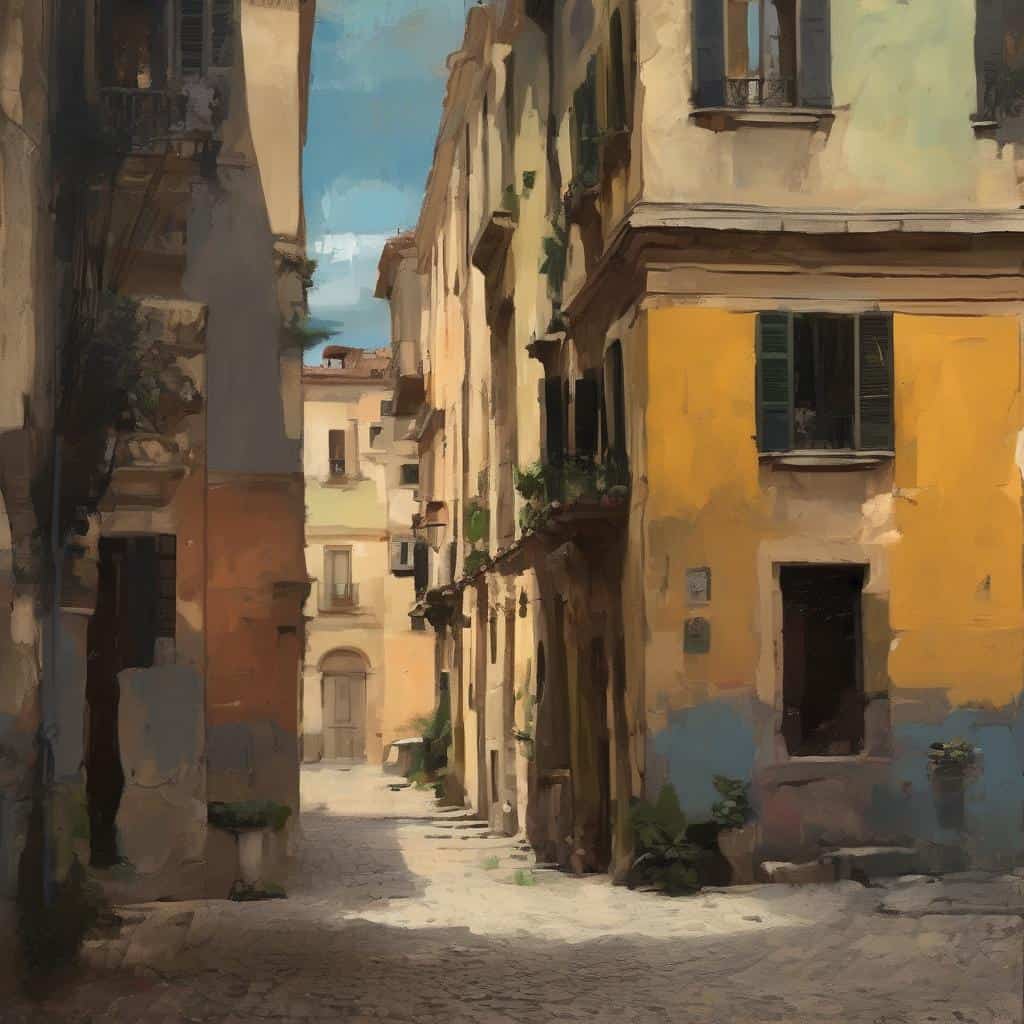 ρομαντικό σκίτσο με παλιά πλακόστρωτη γειτονιά σε ωραία φωτισμένο φόντο.